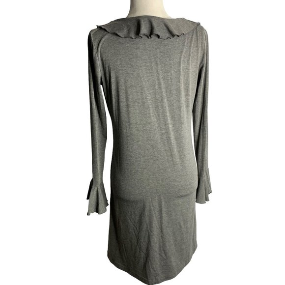 Union of Angels Ruffle Front Sheath Dress M Grey Leather Lace Up Stretch Knit - Picture 4 of 6